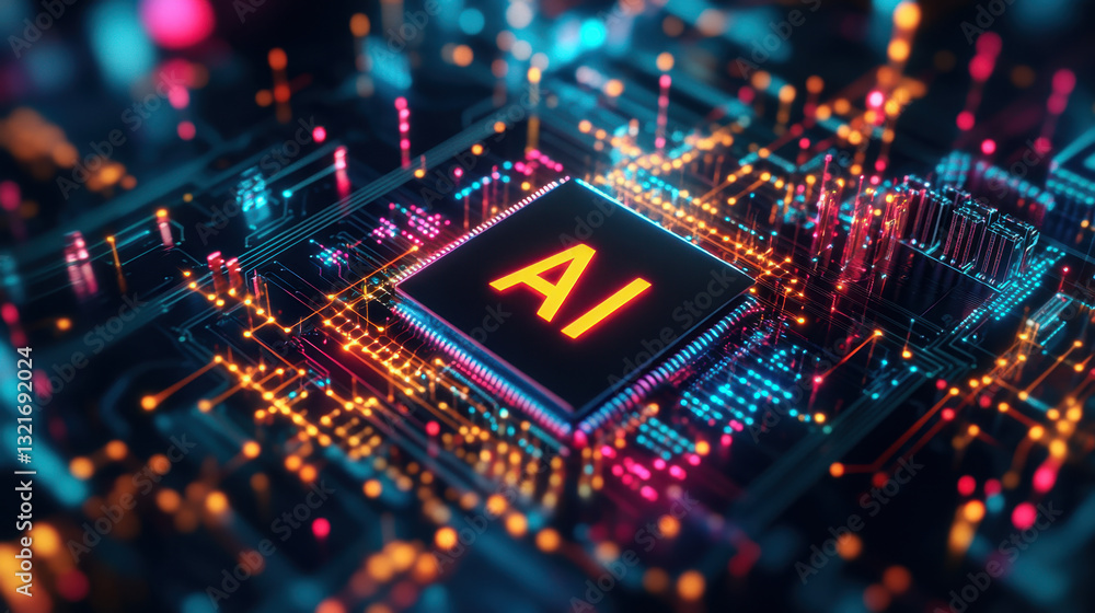 Aufkleber a central chip displaying the letters ai is enveloped by colorful circuit patterns and luminous ligh