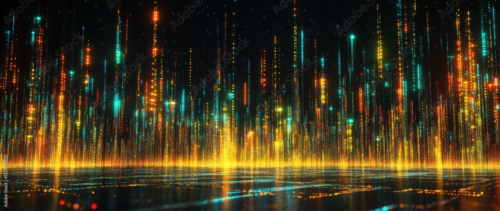 Poster a bright display of vibrant light beams projects from a round base, forming a dynamic and futuristic