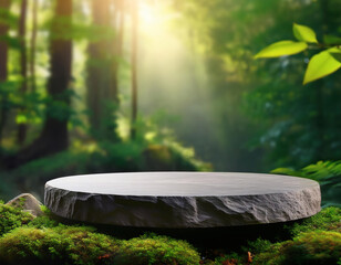 Realistic stone podium with moss in green forest blurred background. Blank rock display stand platform in jungle. Nature-inspired showcasing for product mockups & branding.