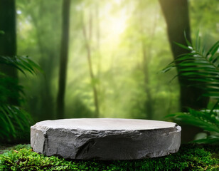 Realistic stone podium with moss in green forest blurred background. Blank rock display stand platform in jungle. Nature-inspired showcasing for product mockups & branding.