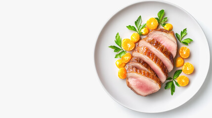 Aerial composition of a beautifully plated roasted duck with accompaniments for a gourmet dining experience