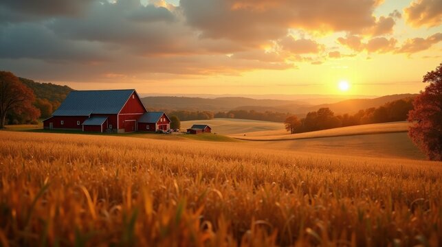 Autumn countryside with golden wheat fields, red barns, and a setting sun. The sky glows in orange and pink, warm hues reflecting on endless fields of ripe grain.