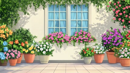 Naklejka premium A vibrant garden scene with colorful flowers and a window, creating a cheerful atmosphere.