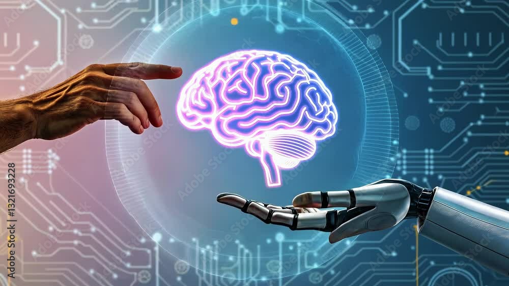 Poster human and robotic hands reaching towards a glowing brain symbolizing ai interaction and innovation