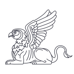 A vector illustration of a mythical sphinx in an elegant outline style. The design features a winged creature with the body of a lion and the head of an eagle, inspired by ancient mythology. 