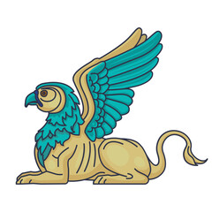 A fully colored vector illustration of a mythical sphinx with vibrant turquoise wings and golden fur. This legendary creature, blending features of a lion and an eagle, is inspired by ancient mytholog