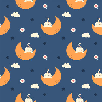 Fototapeta Cat on moon cartoon so cute. On star heart cloud blue background. Pattern seamless vector illustration. 