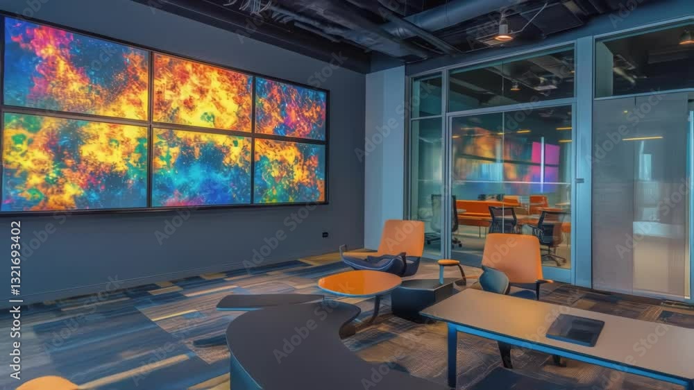 Aufkleber comfortable furniture and a large video wall displaying colorful abstract visuals create a stimulati