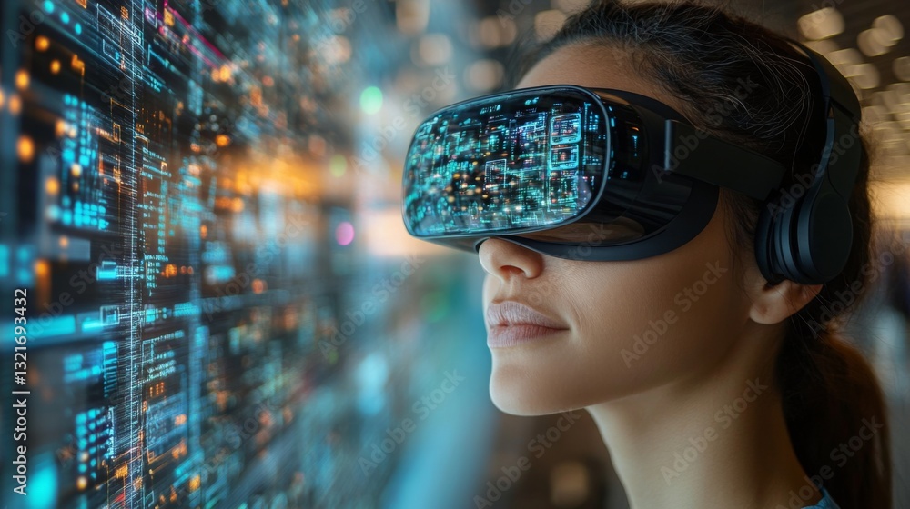 Fototapete A woman experiences advanced virtual reality technology, showcasing intricate quantum computing concepts like qubits and superposition. The vibrant display illustrates data and algorithms.