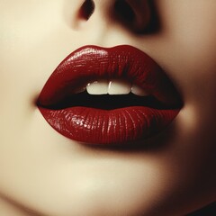 Obraz premium Sensual Red Lips Close-up of Woman's Mouth with Bold Lipstick