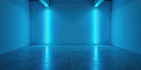 Empty room with vibrant blue neon lighting and sleek concrete floor, perfect for minimalist design presentation