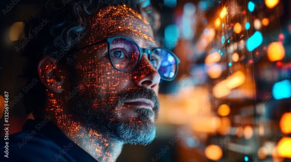 Leinwandbilder A focused individual examines complex quantum and neural network patterns illuminated against a high-tech backdrop, illustrating deep exploration in algorithm optimization.