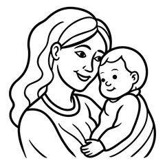 Mother loves her baby line art illustration
