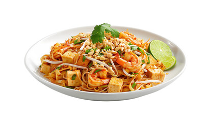 Pad Thai Delight: A vibrant and appetizing plate of Pad Thai noodles, featuring succulent shrimp, firm tofu, crunchy peanuts, and vibrant bean sprouts, garnished with fresh cilantro and a lime wedge.