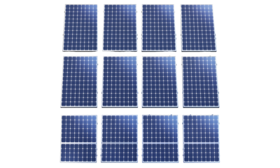 Array of Solar Power: A close-up shot of several solar panels. The image shows a modern array. A symbol of energy.