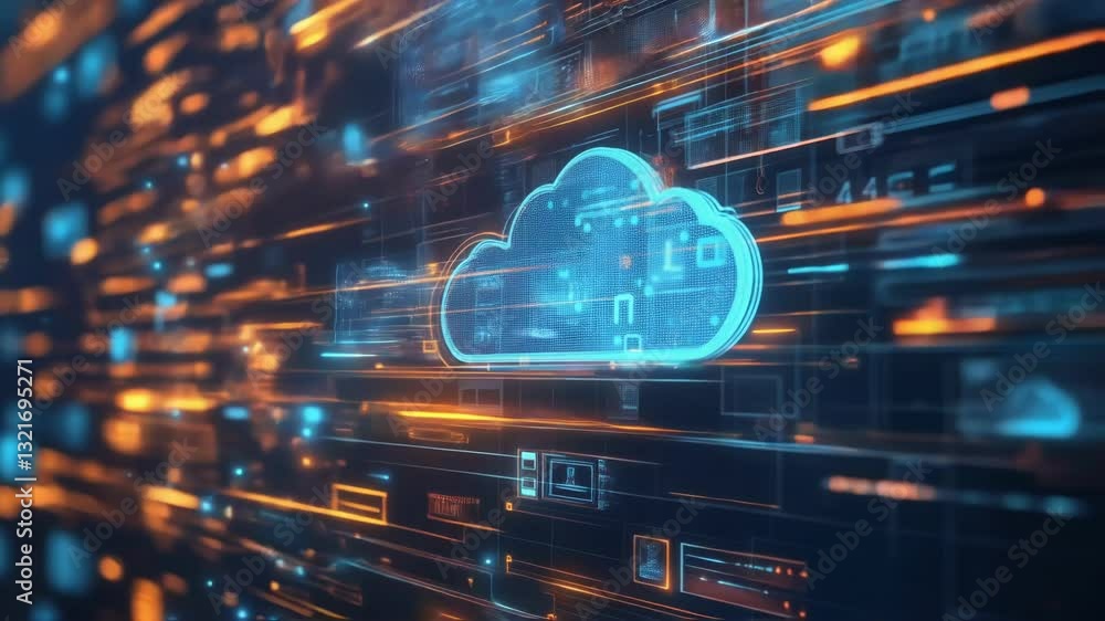 Poster digital information flows rapidly around a glowing cloud icon, symbolizing data transfer and storage