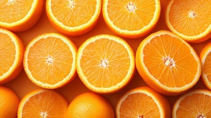 Fototapeta premium Freshly Sliced Oranges on a Bright Orange Background Showcasing Their Vibrant Color and Juiciness