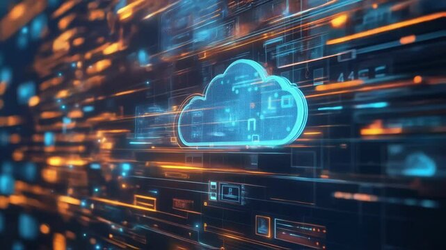 Digital information flows rapidly around a glowing cloud icon, symbolizing data transfer and storage in a futuristic cyberspace environment with fast moving data streams and user interface elements