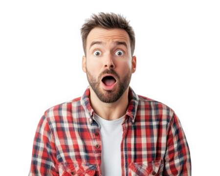 Surprised man with open mouth and wide eyes, expressing shock and disbelief. His plaid shirt adds casual touch to emotional moment - Powered by Adobe