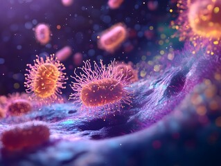 Fototapeta premium Glowing Microscopic Bacteria - Futuristic Microbiology Scientific Concept