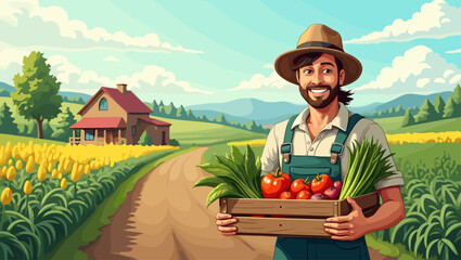 Farmer proudly displaying freshly harvested organic produce from sustainable farm