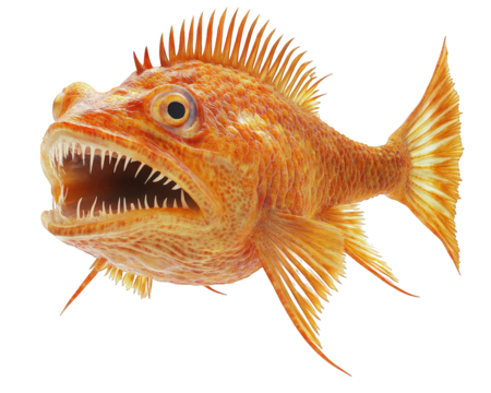 vibrant orange anglerfish with sharp teeth and prominent fins, showcasing its unique features. This striking marine creature is sure to capture attention in any aquatic setting