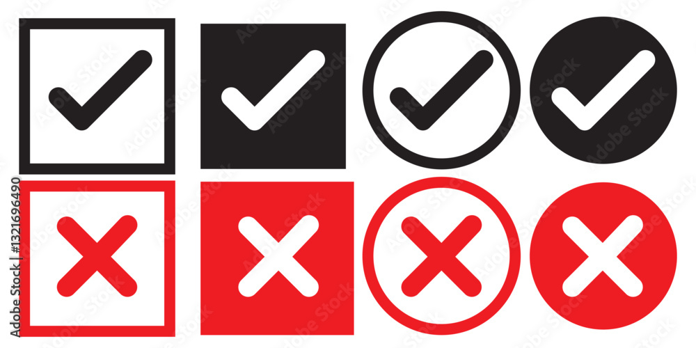 Poster checkmark cross symbols. checkbox false wrong icons set. vote checkmark, cross icons, symbols set. v