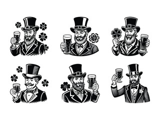 Collection of leprechaun characters with beer and clovers silhouette isolated on white background