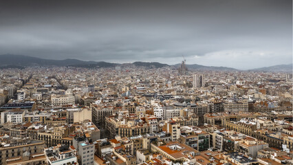 Obraz premium Spain, March 06, 2025: Panoramic aerial view of the Catalan city of Barcelona