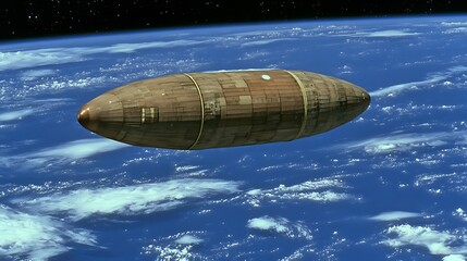 Fototapeta premium An elongated spacecraft floating above a beautiful blue planet