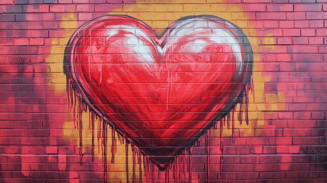 Naklejki Graffiti heart on brick wall, urban art, love symbol, background