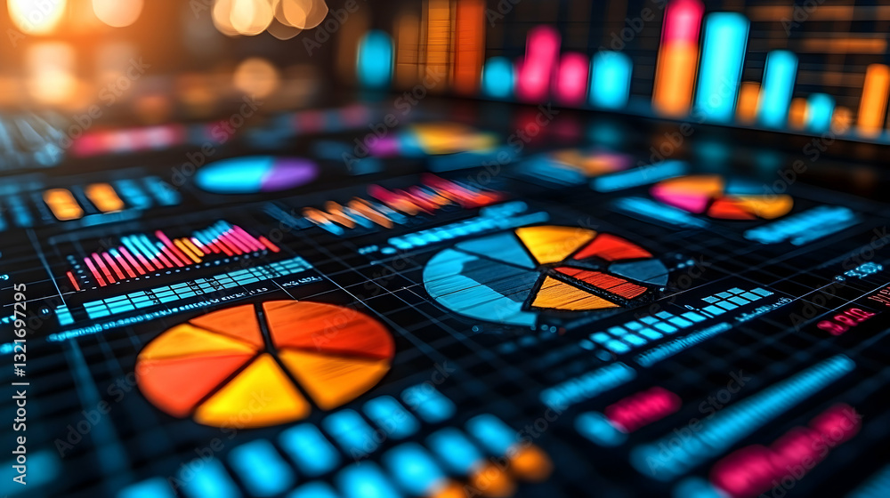 Poster vibrant data visualizations displayed on a digital screen, showcasing diverse charts and graphs