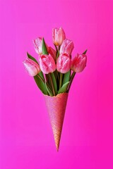 Pink, glittery tulips in an ice cream cone on a bright pink background. Minimalistic, Summer, creative, cute, Spring concept.