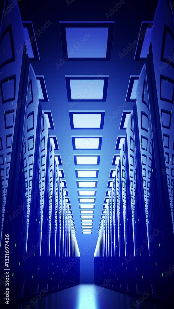 Poster server racks on both sides - storage or hosting concept - 3d 4k vertical animation with blue filter 