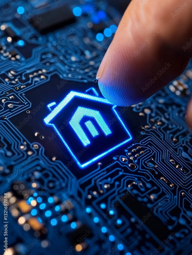 Poster a hand's finger makes contact with a radiant house symbol on a circuit board setting