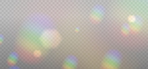 Rainbow sunbeams highlight on a light background with sparkles. Bokeh Glare or reflection from water. Glittering overlay for social media backgrounds, photo shots. Vector illustration.