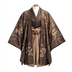 Traditional Japanese kimono with floral patterns and elegant design displayed on a mannequin.