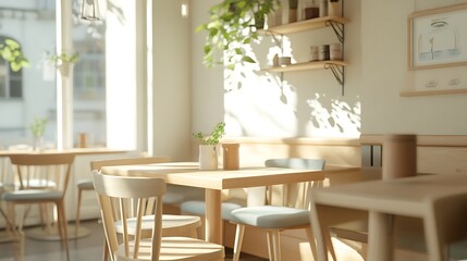 Dining Area with Wooden Tables and Chairs in Bright Light Space