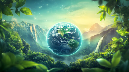 A luminous green globe of Earth cradles a tropical island amidst the vast blue ocean