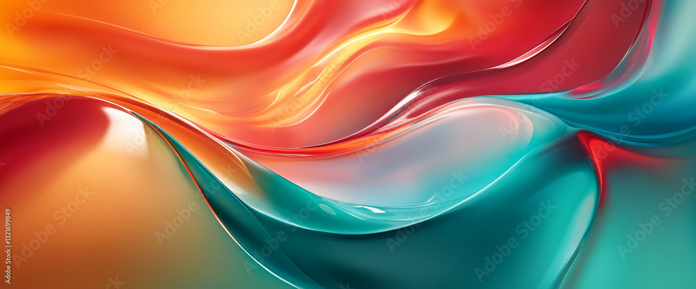 Poster abstract image of flowing, glossy shapes in teal, orange, and red hues, creating a dynamic and vibra