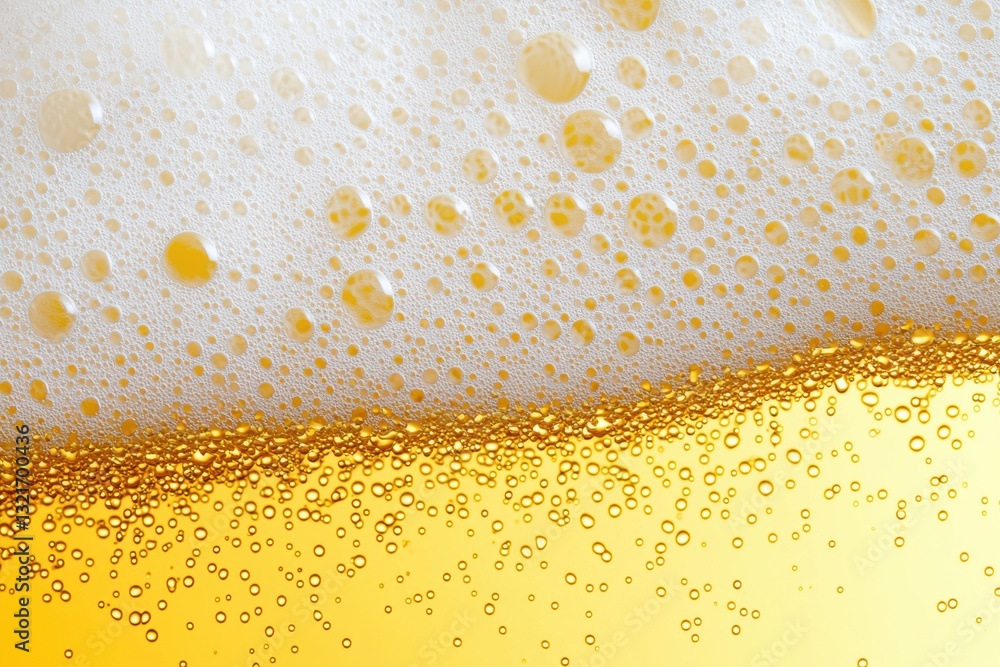 Poster close-up of beer foam showing tiny bubbles rising on yellow background