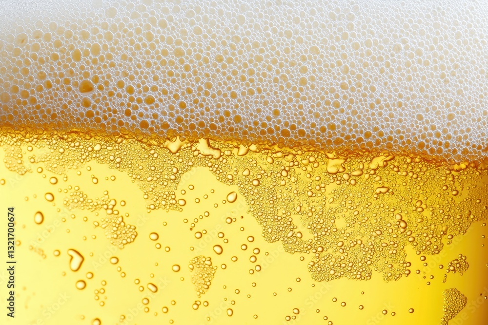 Poster close-up of beer foam showing condensation and bubbles on yellow background