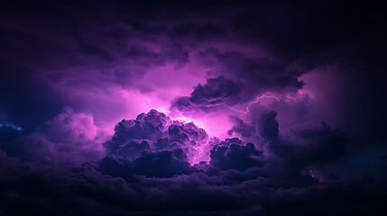 Vivid purple clouds display a dynamic thunderstorm with lightning strikes