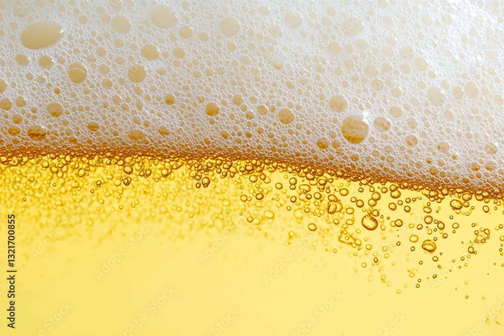 Poster Close-up of beer foam and bubbles creating a refreshing texture on yellow background