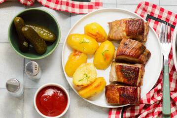 pork ribs with potatoes.selective focus.top veiw.
