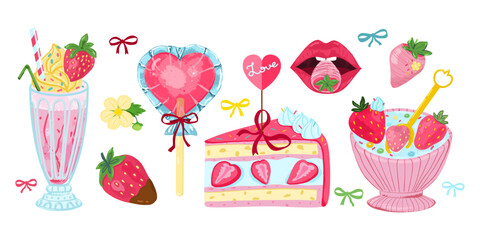Set of tasty and sweet food with strawberry. Milkshake, cake, breakfast, chocolate. Hand drawn flat vector illustration isolated on a white background.