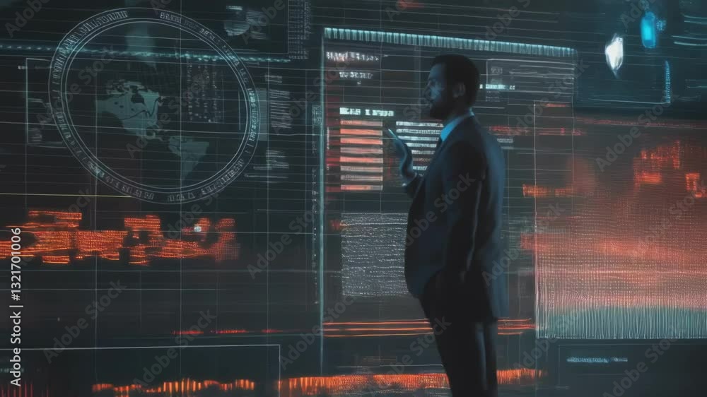 Poster businessman in suit analyzing holographic data visualization using interactive control screen with a
