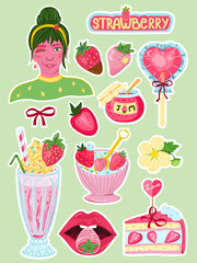 Cartoon girl strawberry lifestyle sticker pack on a green background with white strokes. Cute female icons for sweet and tasty life. Milkshake, cake, breakfast, chocolate. Vector illustration