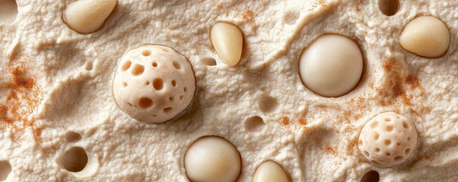 Indulge in the exquisite texture of Creamy, smooth hummus topped with aromatic spices and toasted pine nuts, close-up detail capturing its richness This culinary masterpiece showcases the perfect