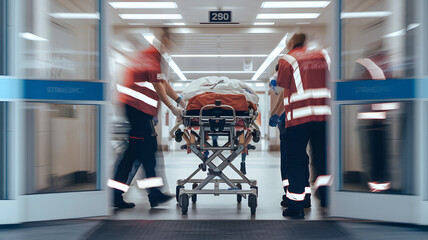 Busy hospital emergency entrance with medical staff rushing to assist patients, ambulances parked nearby, and a sense of urgency in the air. 